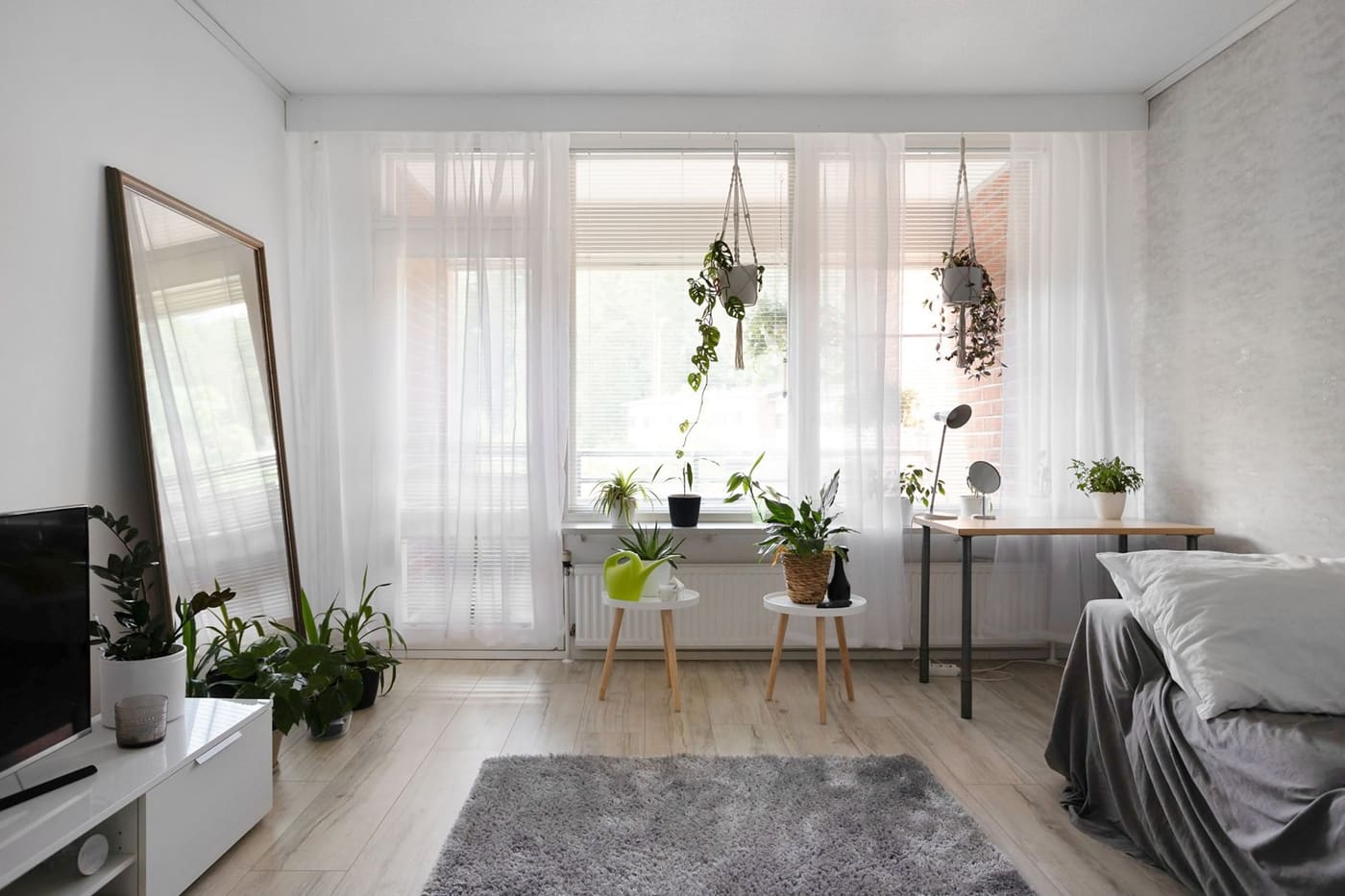 A bright apartment room with sheer curtains, a leaning mirror, houseplants, and a desk
