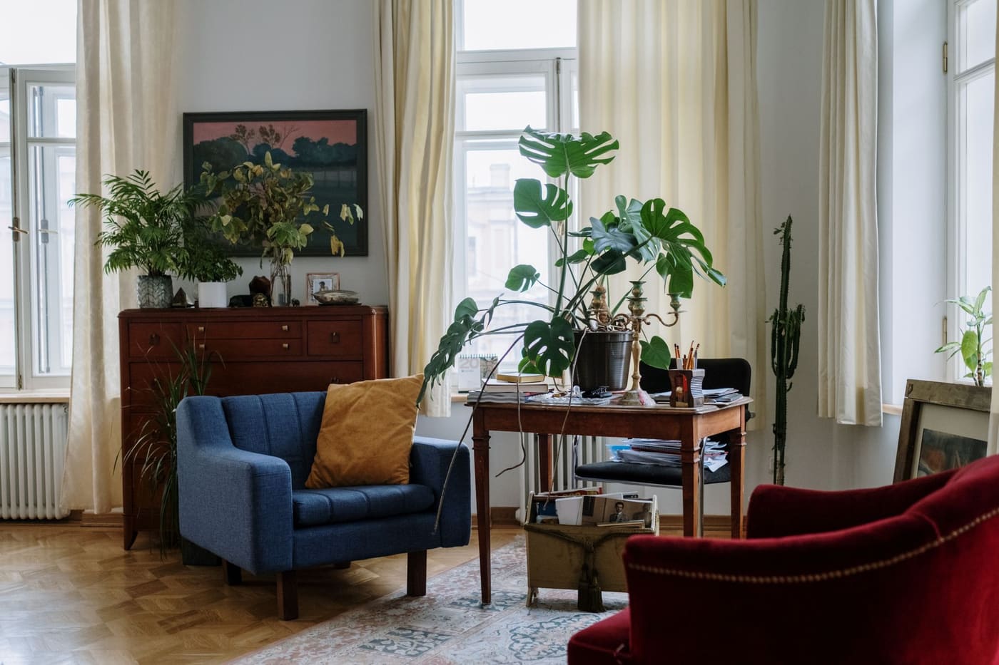 A bright living room with an armchair, a desk, houseplants, and warm natural light